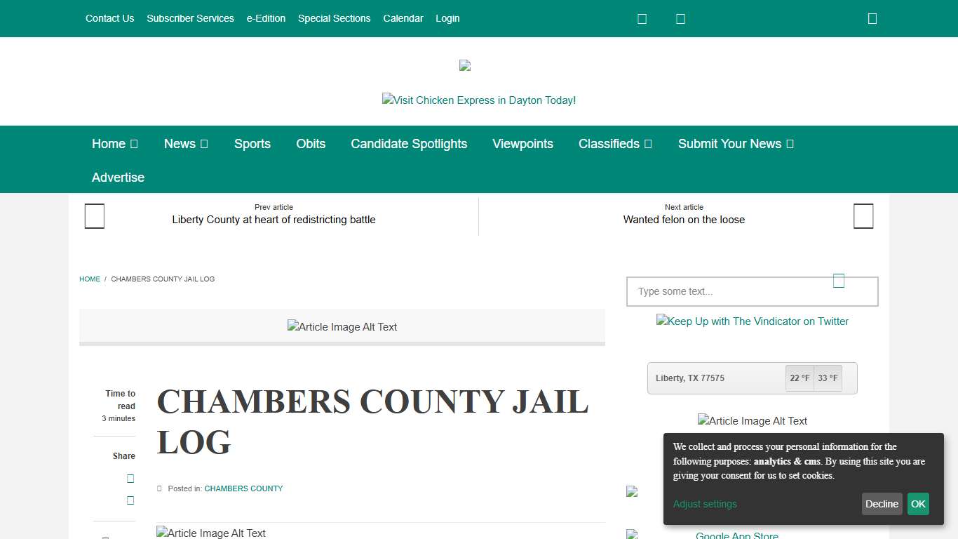 CHAMBERS COUNTY JAIL LOG Liberty Vindicator